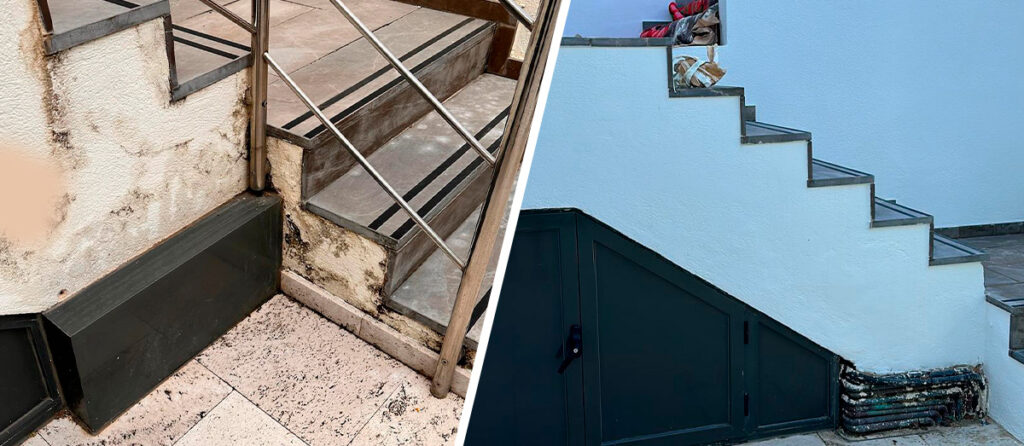 «Restauración de Paredes Afectadas por Humedad: Impermeabilización y Acabado Rústico con Efecto Raspado»