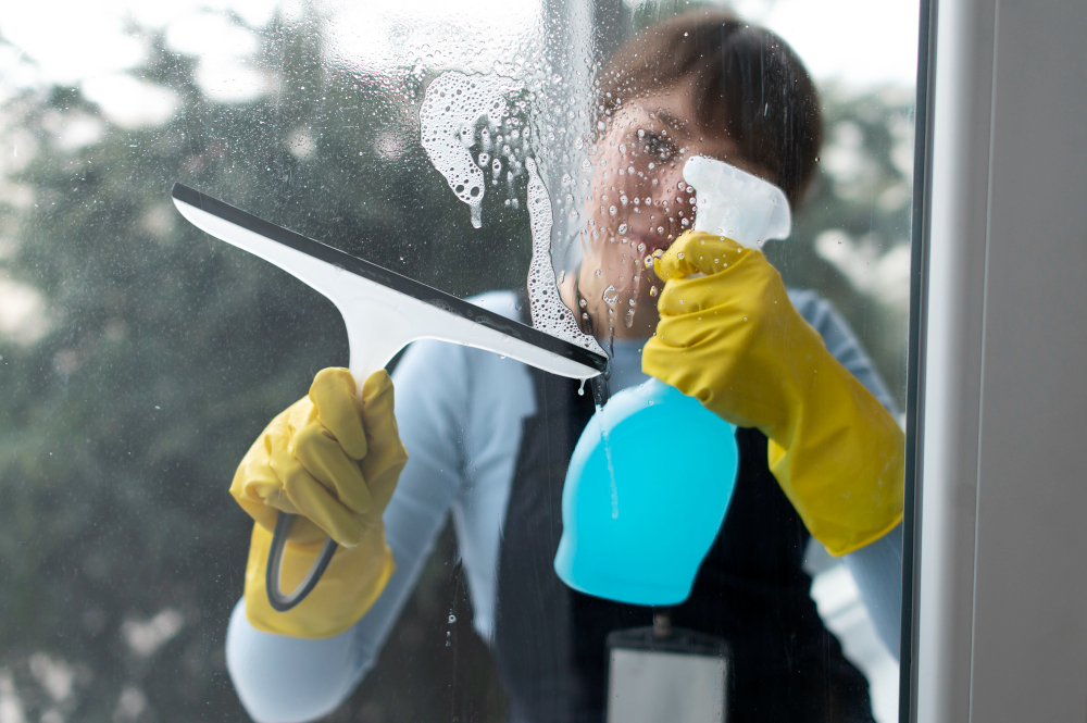 Profesional limpiando un cristal con limpiacristales y rasqueta