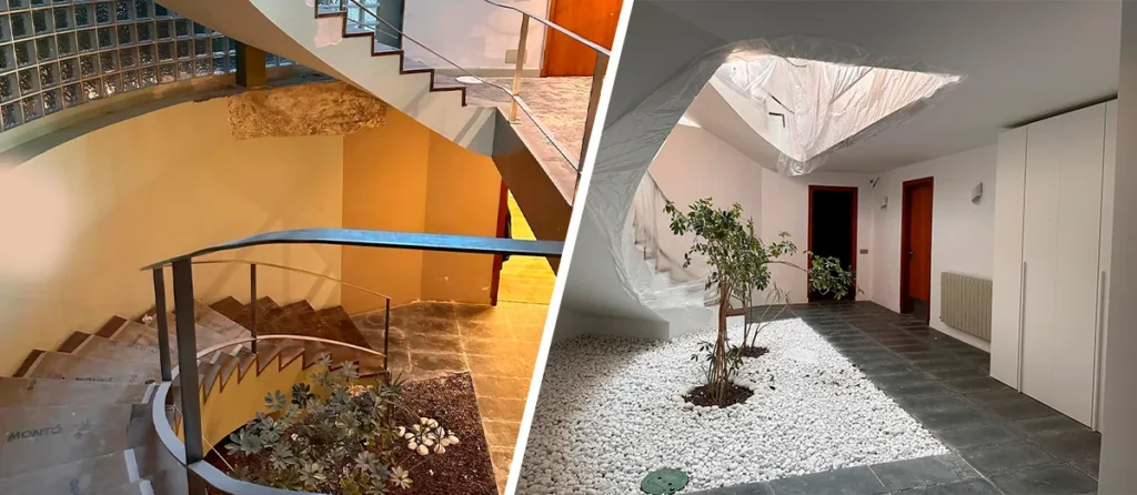 Renovación exterior con pintura y canto rodado blanco