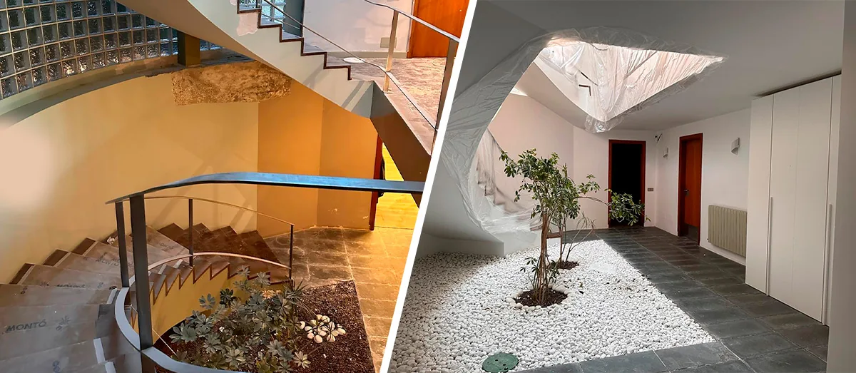 Antes y después de la reforma de un patio interior con olivo